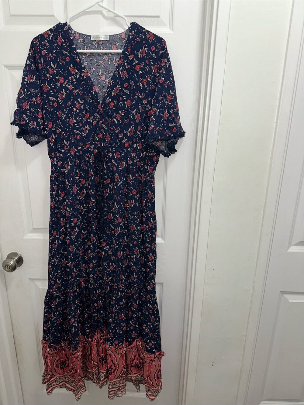 Navy Floral Midi Dress with Pink Border Detail